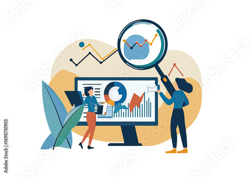 Business people analyzing data charts with magnifying glass and computer monitor displaying graphs for market research and insight concept flat vector illustration
