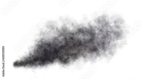 Thick black exhaust smoke cloud trail isolated from aircraft or vehicle with combustion engine