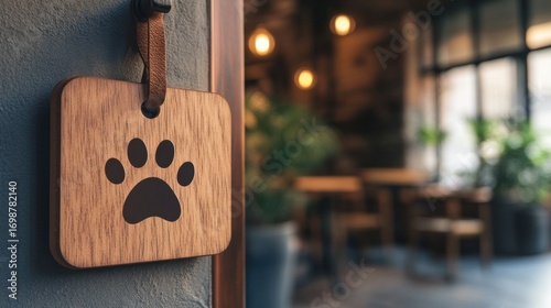 Close up of hotel door hanger with paw print showing clear pet friendly sign in elegant interior