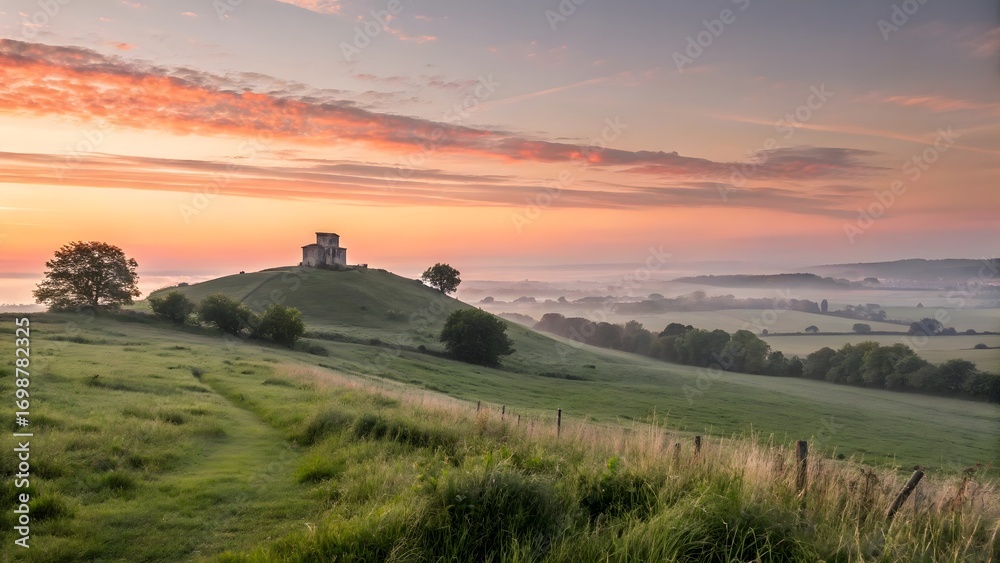 Fototapeta premium Golden sunrise casting warm light over hilltop structure and expansive grassy meadow