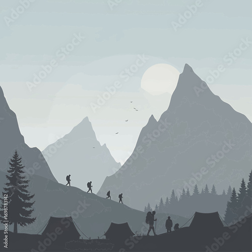 A serene vector landscape illustration featuring hikers on a mountain trail, with a misty sky and a rising sun, creating a peaceful outdoor scene