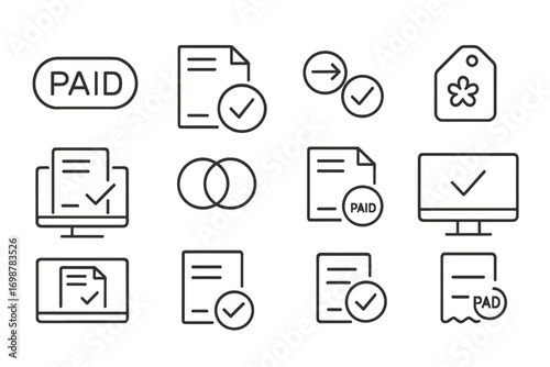 Invoice Payment Icons. Line style icons of invoice payments: paid stamp icon, invoice with checkmark, transaction confirmed symbol