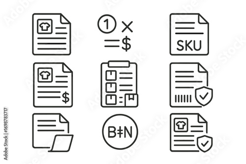 Product Invoice Icons. Line style icons of product-based invoices: product line items icon, quantity x price calculation, SKU