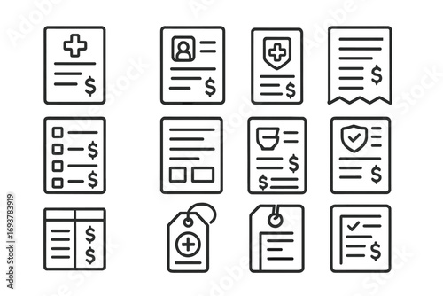 Healthcare Invoice Icons. Line style icons of invoices for healthcare: medical invoice sheet, patient ID on invoice, insurance