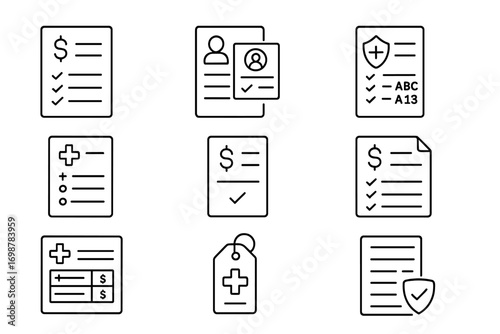 Healthcare Invoice Icons. Line style icons of invoices for healthcare: medical invoice sheet, patient ID on invoice, insurance