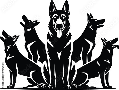 German shepherd dog illustration, loyal guard dogs, pet silhouette design, security animal artwork, protective canine vector graphic collection