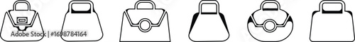 Black handbag icon set, purse and bag vector collection in line style, minimalist fashion accessory group, modern silhouette symbols pack, elegant women bags synonym design