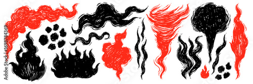 Doodle smoke and swirl elements set in scribble sketch crayon style, hand drawn spooky Halloween clouds abstract shapes eerie decorative isolated illustration