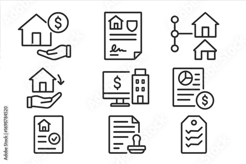 Real Estate Transaction Icons. Line style icons of real estate transactions: property sale payment icon, escrow agreement file,