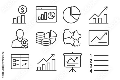 Sales Analytics Icons. Line style icons of sales analytics: bar graph with sales icon, sales dashboard window, pie chart of