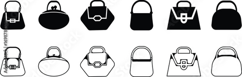 Black handbag icon set, purse and bag vector collection in flat and line style, minimalist fashion accessory group, modern silhouette symbols pack, elegant women bags synonym design