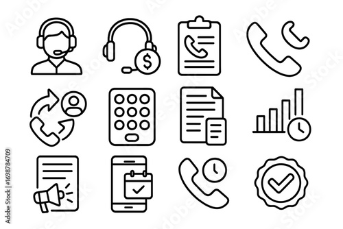 Phone Telesales Icons. Line style icons of phone and telesales: call center agent icon, headset with sales badge, script on
