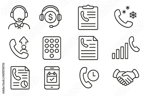 Phone Telesales Icons. Line style icons of phone and telesales: call center agent icon, headset with sales badge, script on