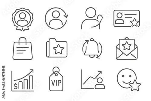 Loyalty Icons Set. Line style icons of loyalty and repeat sales: loyal customer badge, repeat buyer icon, returning client symbol,