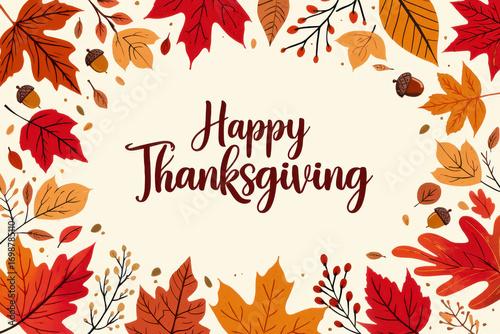 Happy thanksgiving greeting surrounded by colorful autumn leaves and acorns
