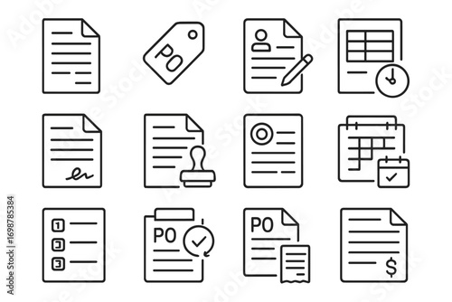 Purchase Order Icons. Line style icons of purchase orders: purchase order document, PO number tag, supplier request form, line