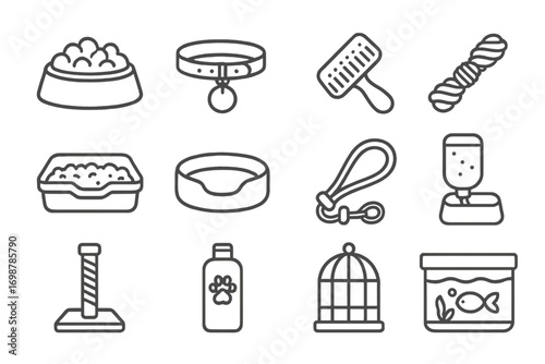 Pet Supply Icons. Line style icons of pet supplies: food bowl with kibble, collar with tag, grooming brush, chew toy; litter box,