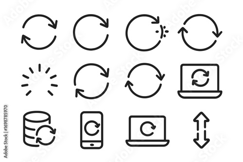 Sync & Refresh Icons. Line style icons of synchronization & refresh actions: sync arrows, refresh button, auto sync, cycle icon;
