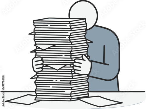 Overwhelmed by Paperwork, Man Struggling with Documents, Paperwork Overload Illustration, Businessman with Huge Stack of Papers, Office Worker and Paper Pile