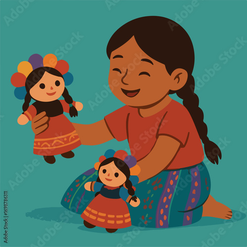 Niña latina jugando muñecas tipicas latin girl playing with tipical dolls