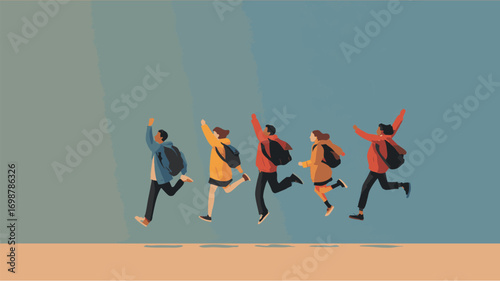 Minimal flat illustration of happy school children in uniforms going back to school with backpacks