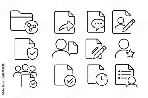 Document Collaboration Icons. Line style icons of document sharing & collaboration: shared folder, send document, comment icon,