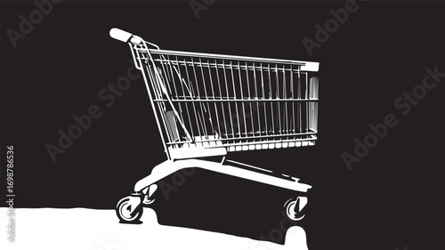 A 3D rendering of a white shopping cart on a pure black background 