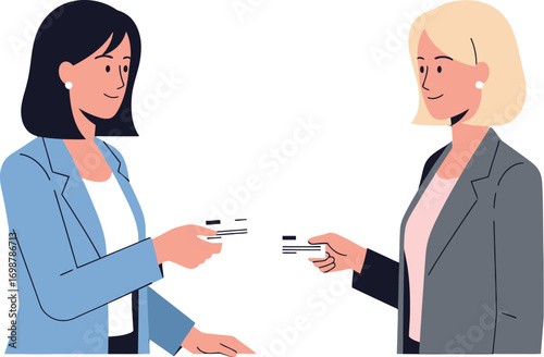 Businesswomen Exchanging Cards, Professional Women Networking, Female Business Transaction, Credit Card Exchange, Women in Business Deal