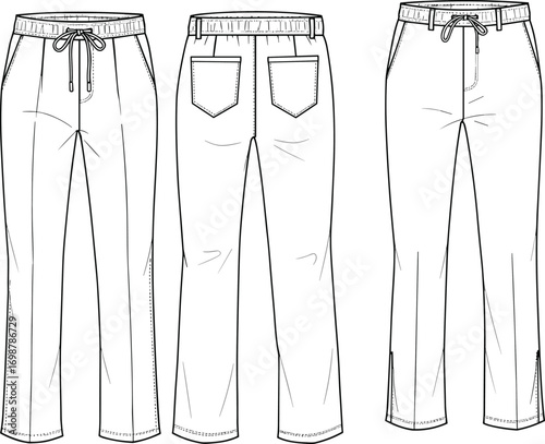 Men’s casual pants flat sketch, front and back view, elastic waistband with drawstring, technical fashion illustration for apparel design and garment production.