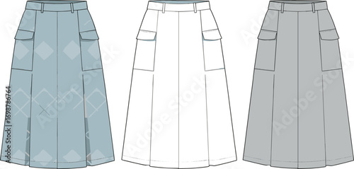 Women's cargo skirt technical flat sketch, front and back view, fashion design template for garment production, vector illustration for clothing designers, manufacturers.