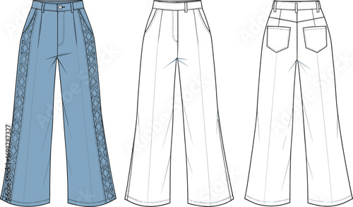 Women’s wide leg denim pants front and back fashion flat sketch with embroidered side panel, technical vector illustration for garment design templates.