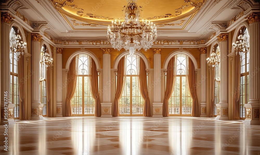 Fototapeta premium Elaborate Ballroom Interior with Expansive Windows and Ornate Chandelier Design