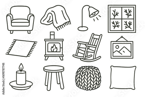 Cozy Winter Icons. Line style icons of cozy winter interiors: armchair, soft blanket, reading lamp, window frost; rug, wood stove,