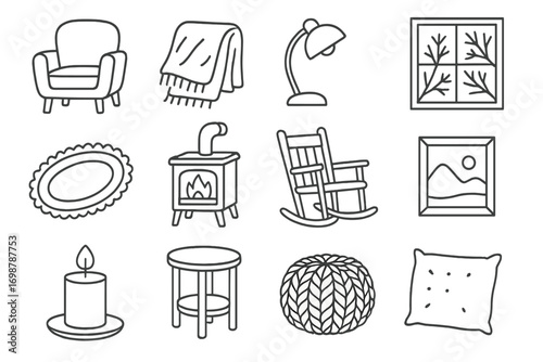 Cozy Winter Icons. Line style icons of cozy winter interiors: armchair, soft blanket, reading lamp, window frost; rug, wood stove,
