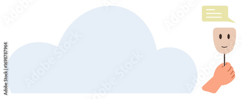 Human hand holds smiling mask next to speech bubble above cloud, symbolizing anonymity and communication. Ideal for digital identity, cloud storage, online interaction, privacy, data protection