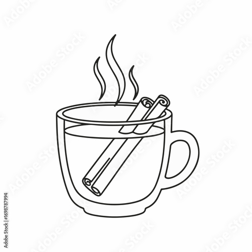 Hot cinnamon drink in glass mug with steaming aroma. Cinnamon tea preparation includes adding spiced sticks to hot beverage in glass.