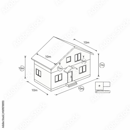 House blueprint shows dimensions and construction elements. House blueprint detailed plan displays measurements and design details, including windows, doors, and roof lines.
