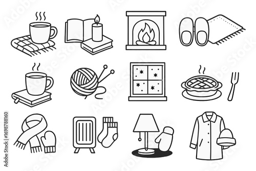 Cozy Winter Icons. Line style icons of cozy winter pairs: mug and blanket, book and candle, fireplace and chair, slippers and rug;
