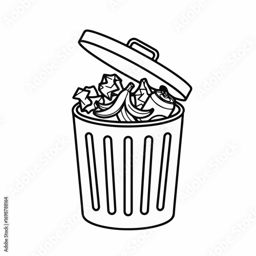 Open trash can filled with household waste, containing banana peels and crumpled paper. Overflowing trash can shows a need for cleanup and proper disposal,