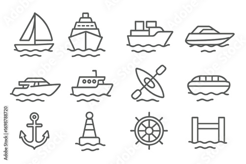 Sea Transport Icons. Line style icons of sea and water transport: sailboat, cruise ship, cargo vessel, speedboat; yacht, ferry,
