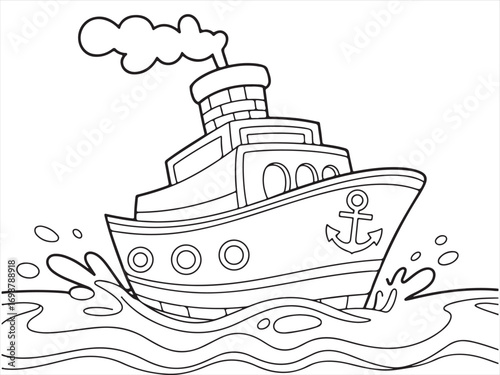 Large cruise vessel illustration black and white coloring page for children’s book