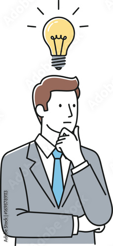 Businessman Idea, Thinking Man Lightbulb, Solution Brainstorming Concept, Innovation and Inspiration, Creative Business Solution