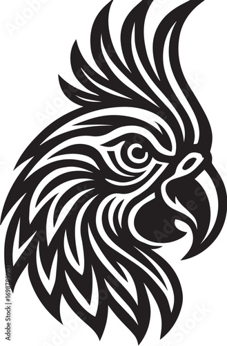 Tribal Parrot Head – Stylized Black and White Vector Illustration