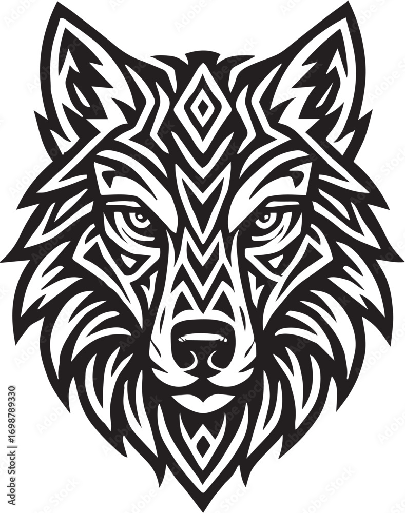Fototapeta premium Geometric Wolf Face – Tribal Style Black and White Vector Illustration