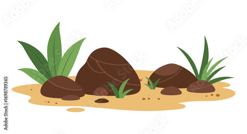 a simple illustration of rocks grass and sandy ground