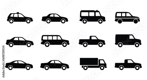 various car types displayed in black icons grid layout