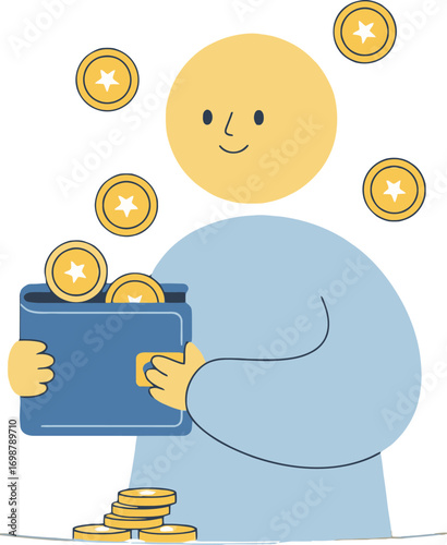 Happy person saving money, Financial success illustration, Wealth and prosperity concept, Money growth and investment, Saving money cartoon illustration