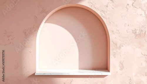 Minimalistic arched niche with a marble shelf in a sunlit, pastel-pink room, ideal as a product display mockup, providing a clean and elegant background for cosmetics or decor