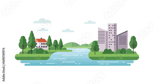 a serene landscape with river trees houses and tall buildings