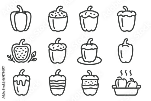 Stuffed Peppers Icons. Line style icons of stuffed peppers: filled bell pepper, rice inside pepper, cheese top pepper, cut stuffed